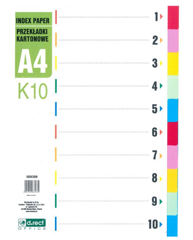 Przekładki kartonowe z kolorowymi indeksami A4, 10 szt.