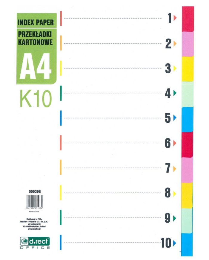 Przekładki kartonowe z kolorowymi indeksami A4, 10 szt.