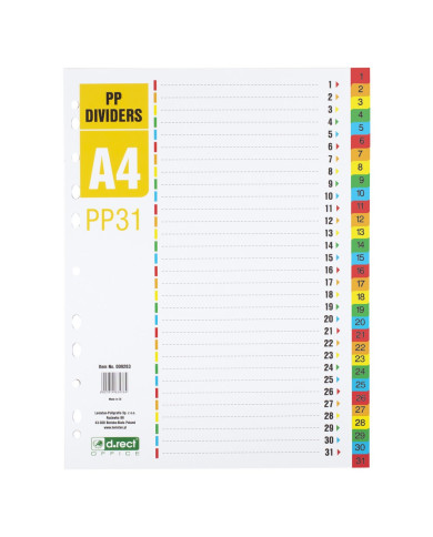 Przekładki PP z kolorowymi indeksami A4, 31 sztuk